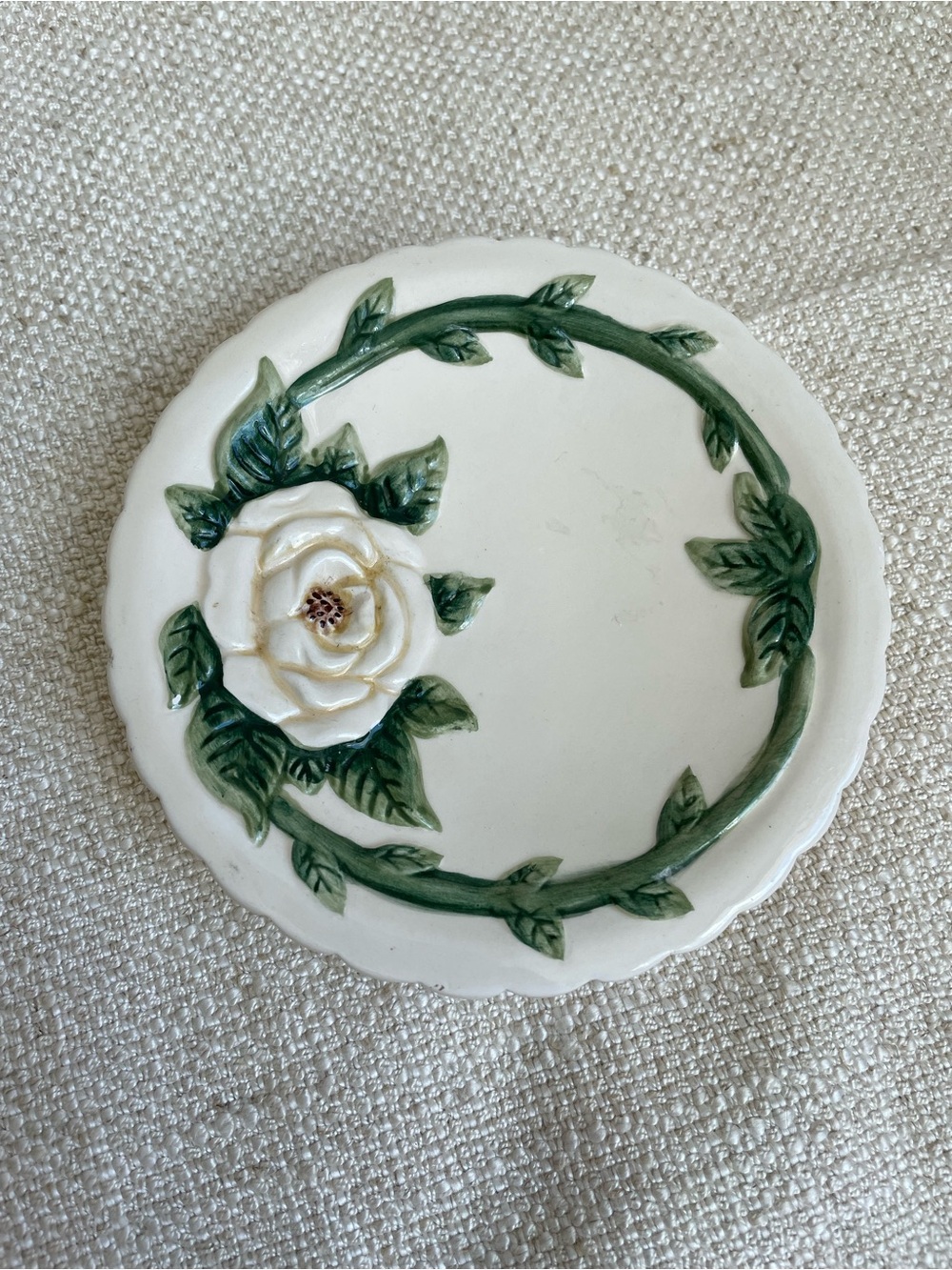 Vintage Ceramic White Rose Soap Trinket Dish 5" dia